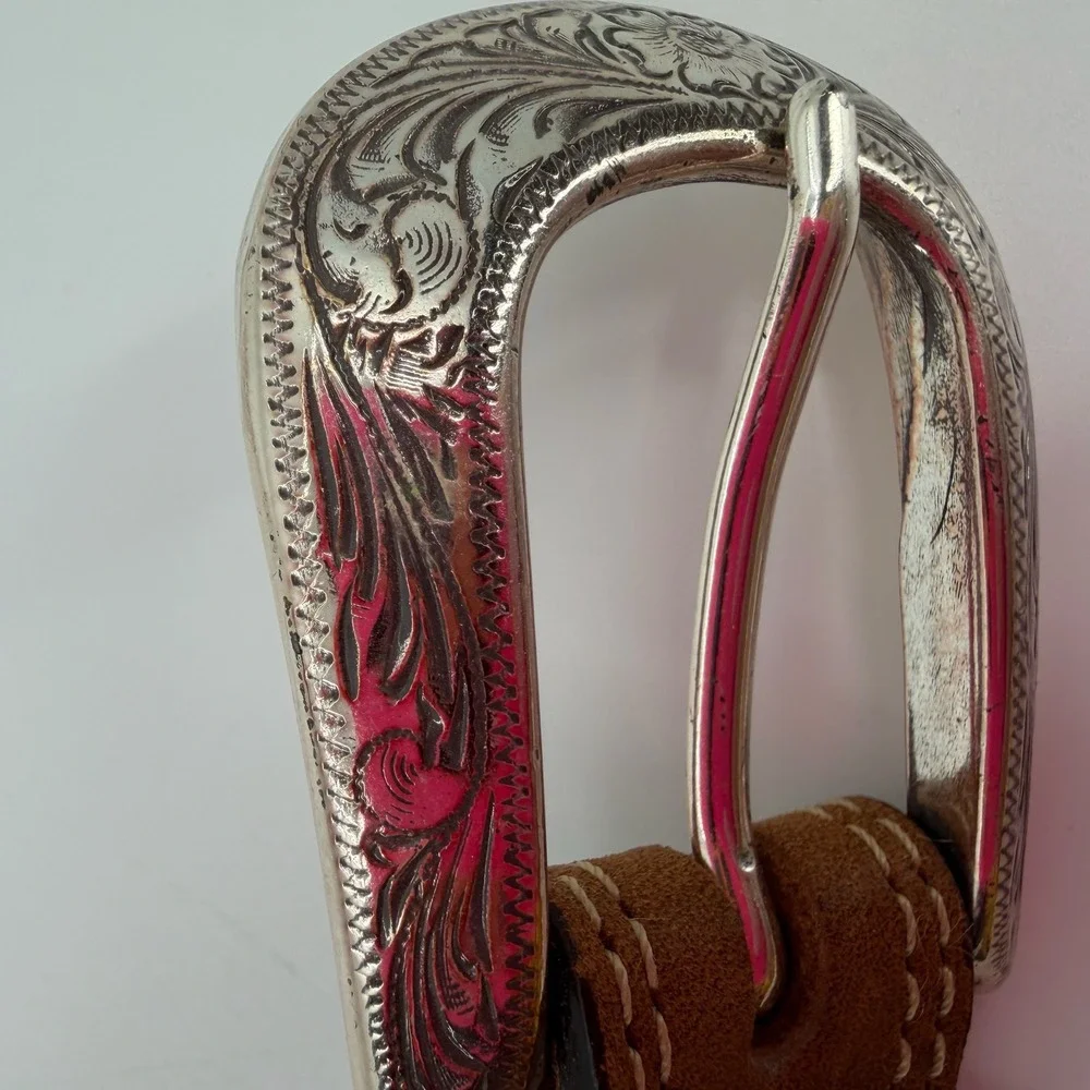 Vtg Justin Belt Mens 36 Brown Leather Silver Tone Buckle Concho Western Cowboy